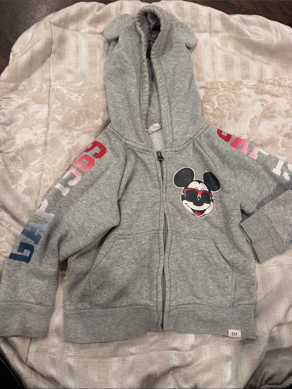 GAP Gray Hoodie with Mickey Mouse Graphic and Multicolor Sleeve Letters